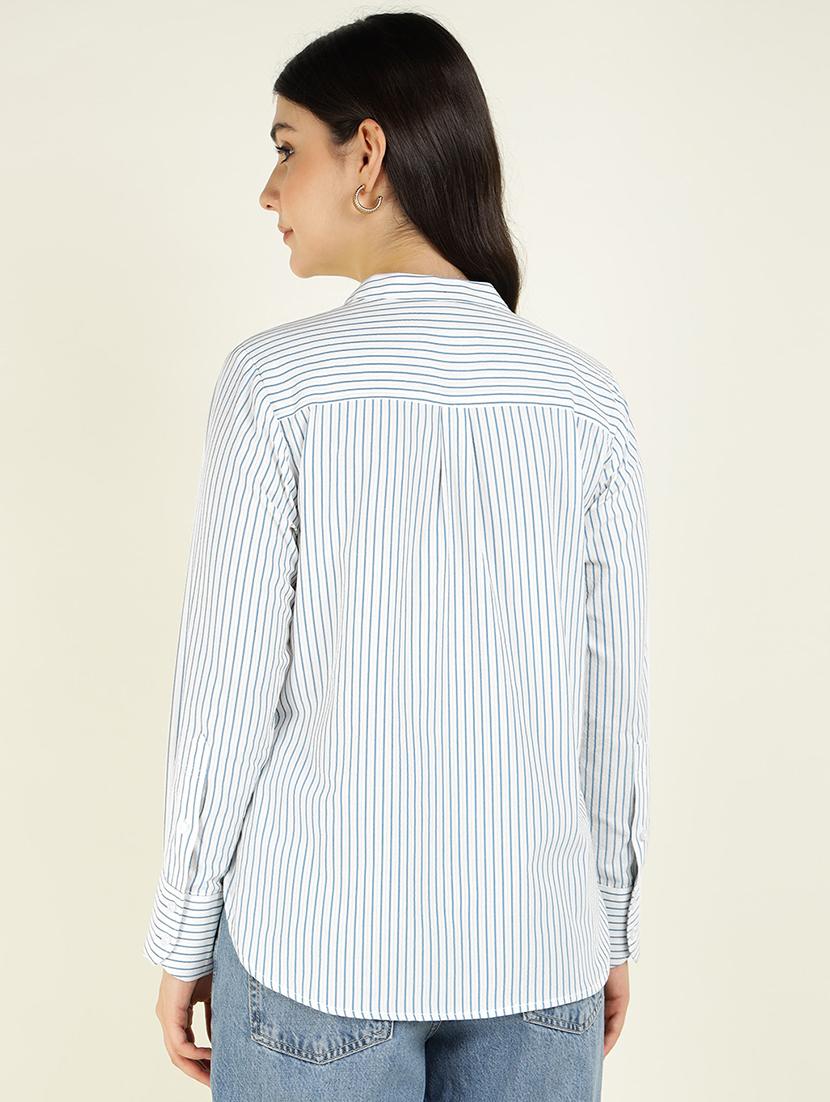 women striped mandarin collared long sleeve shirt - 22038821 - Standard Image - 3