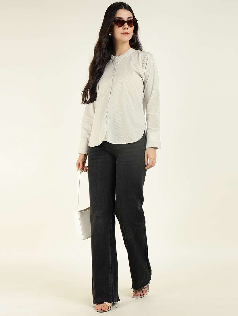 women striped mandarin collared long sleeve shirt - 22038822 -  Standard Image - 3