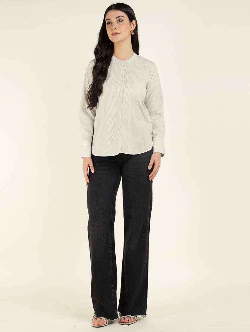 women striped mandarin collared long sleeve shirt - 22038822 -  Standard Image - 5