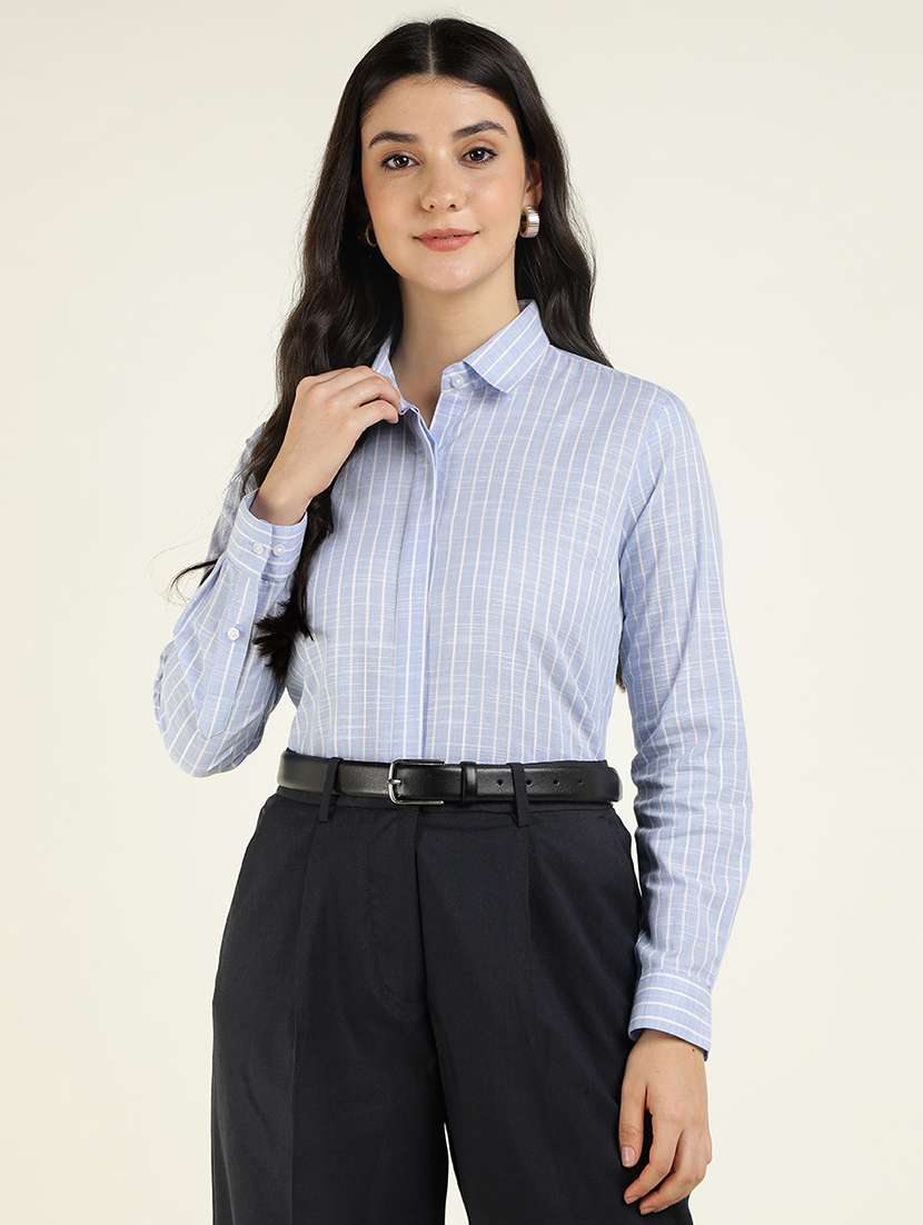 women striped collared long sleeve shirt - 22038824 -  Zoom Image - 0