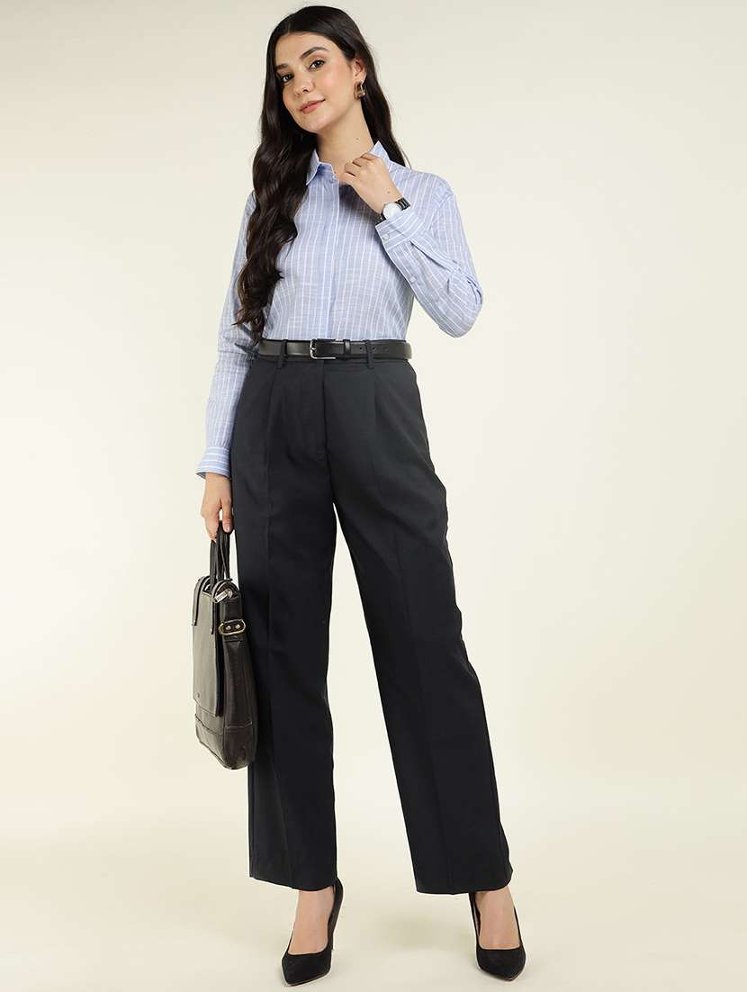 women striped collared long sleeve shirt - 22038824 - Standard Image - 5
