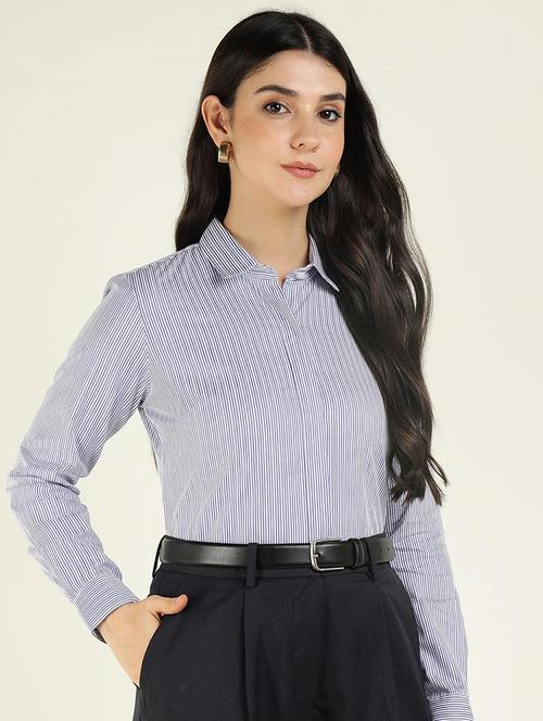 women striped collared long sleeve shirt - 22038829 - Standard Image - 0