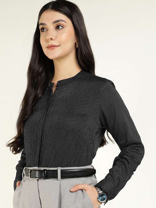 women striped mandarin collared long sleeve shirt - 22038834 -  Standard Image - 0