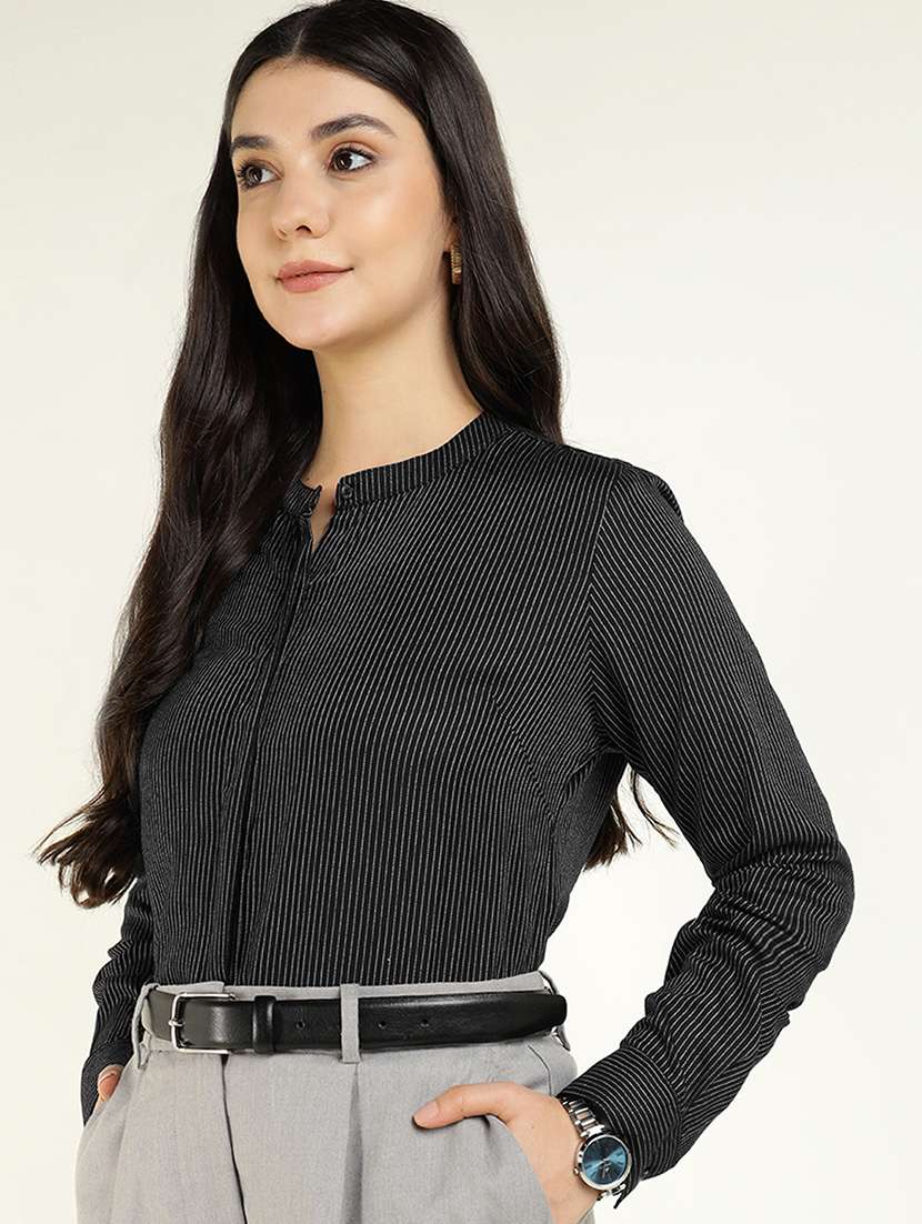 women striped mandarin collared long sleeve shirt - 22038834 -  Zoom Image - 0