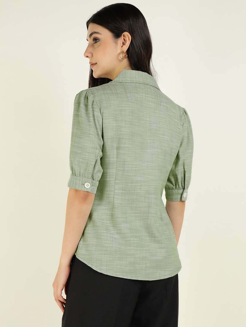 women solid lapel collar regular fit shirt - 22038840 - Standard Image - 3