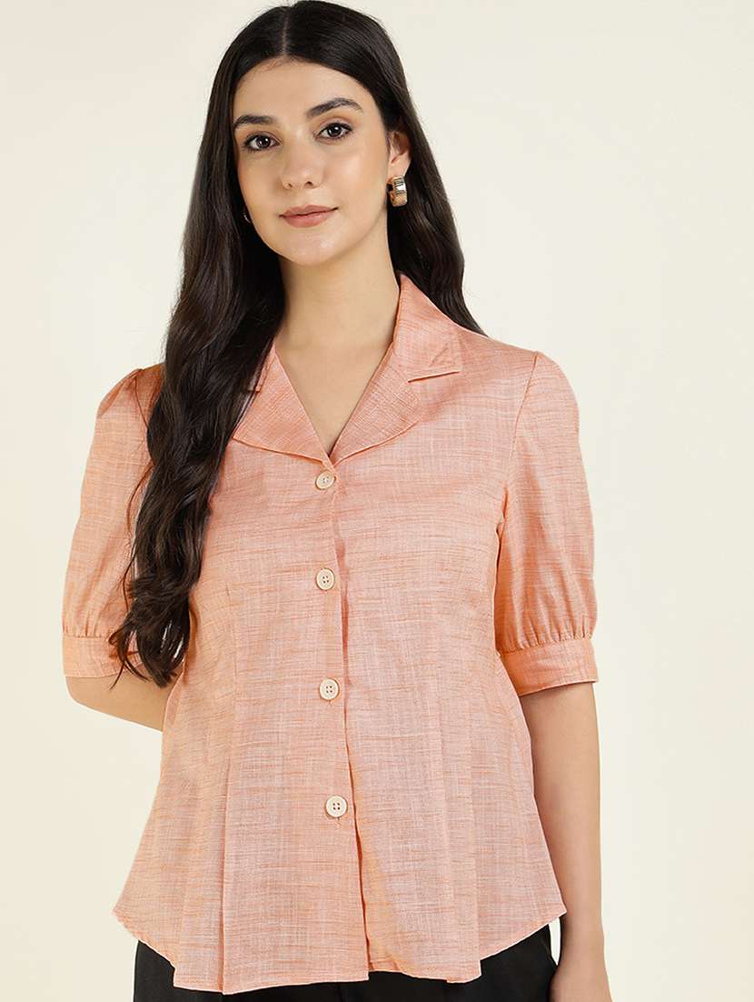 women solid lapel collar puff sleeve shirt - 22038841 - Zoom Image - 0