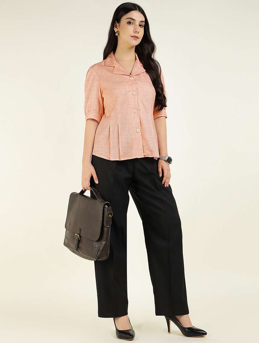 women solid lapel collar puff sleeve shirt - 22038841 - Standard Image - 3