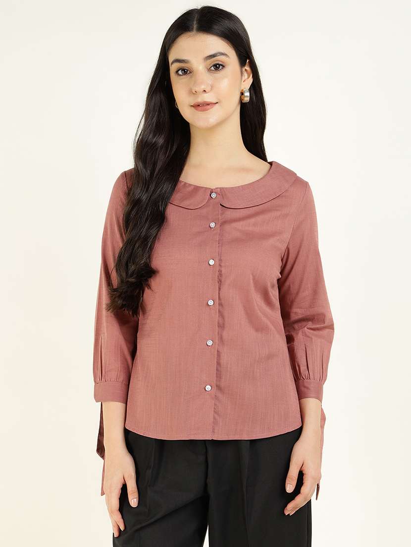 women solid peter pan collar three quarter sleeve shirt