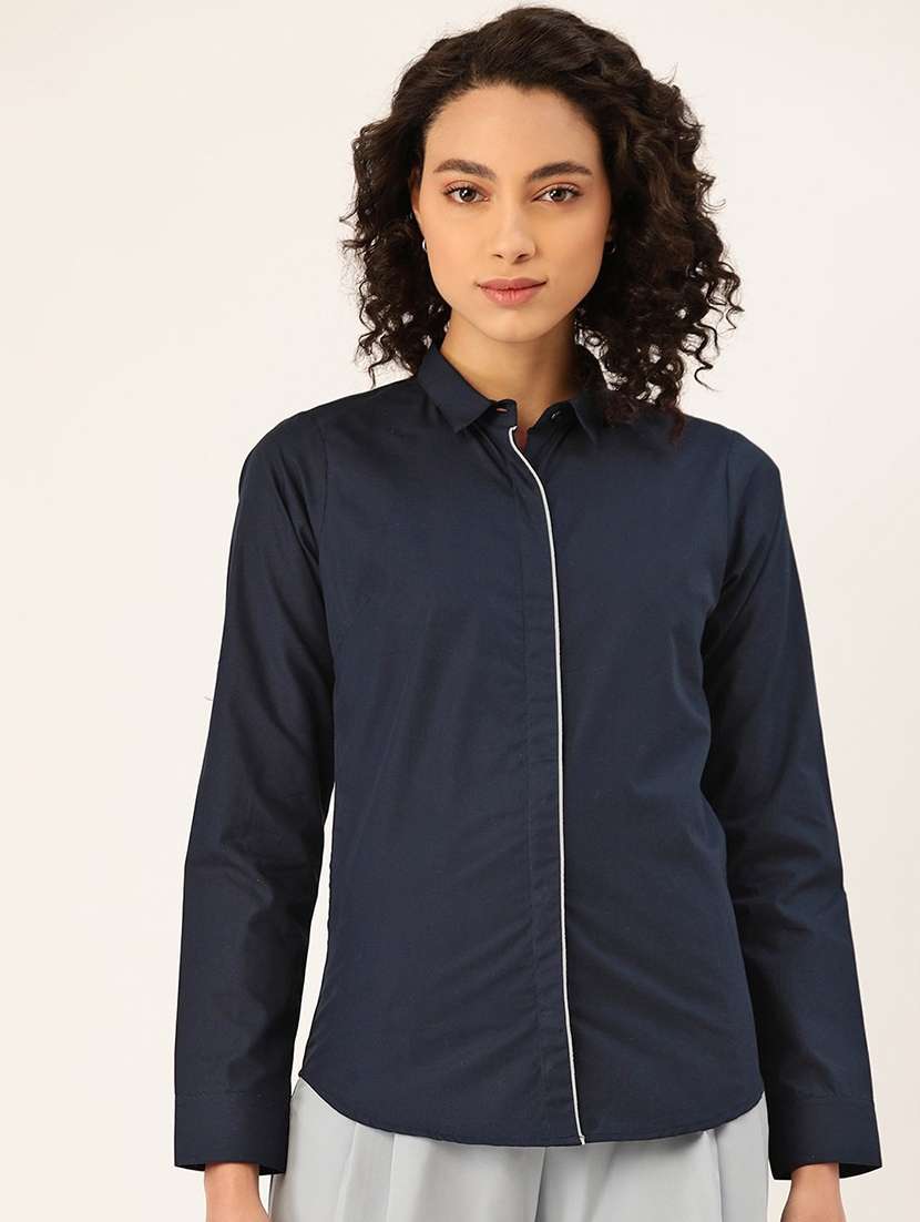 women solid collared long sleeve shirt