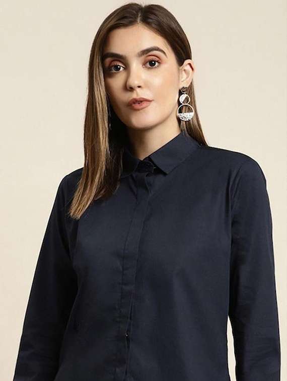 women solid collared long sleeve shirt - 22038853 -  Standard Image - 3