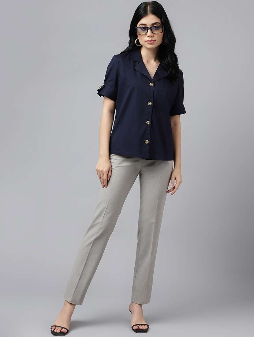 women solid lapel collar short sleeve shirt - 22038859 -  Standard Image - 5