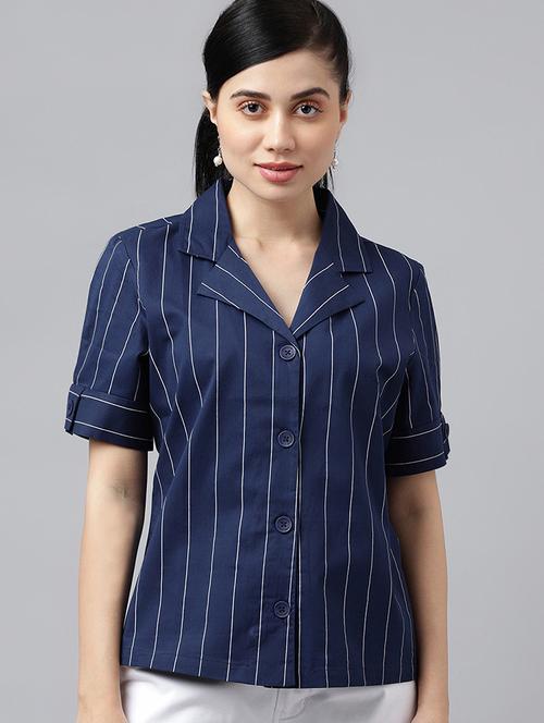 women striped lapel collar regular fit shirt - 22038860 - Standard Image - 0