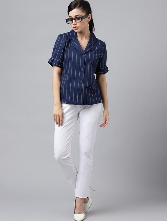 women striped lapel collar regular fit shirt - 22038860 - Standard Image - 3