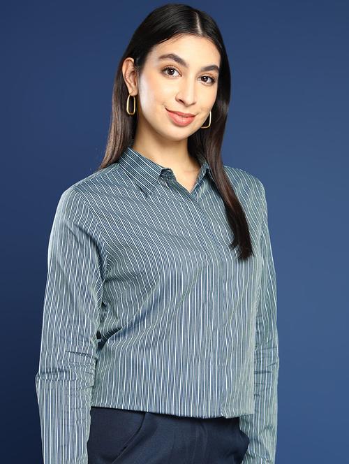 women striped collared long sleeve shirt - 22038869 -  Standard Image - 0
