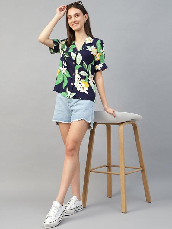 women printed cuban collared long sleeve shirt - 22038870 - Standard Image - 3