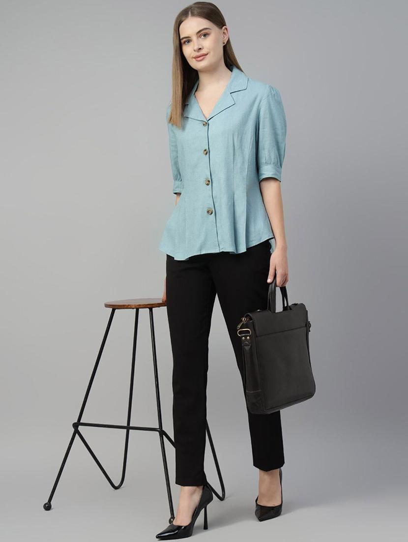 women solid lape collar puff sleeve shirt - 22038875 - Standard Image - 3