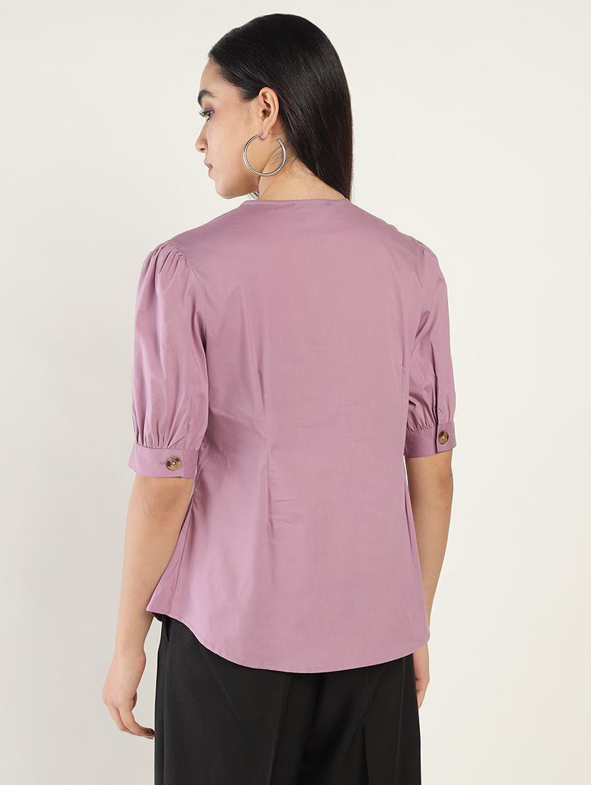 women mauve solid puff sleeve shirt - 22038877 - Standard Image - 3