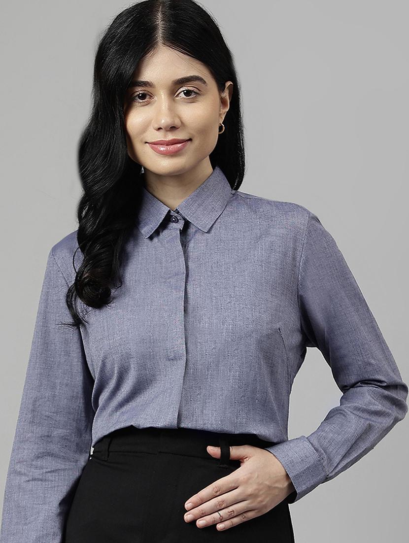 women solid collared long sleeve shirt