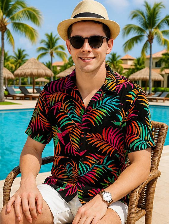men printed cuban collared short sleeve shirt