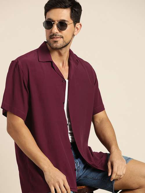 men solid cuban collared short sleeve loose fit shirt - 22038912 -  Standard Image - 0