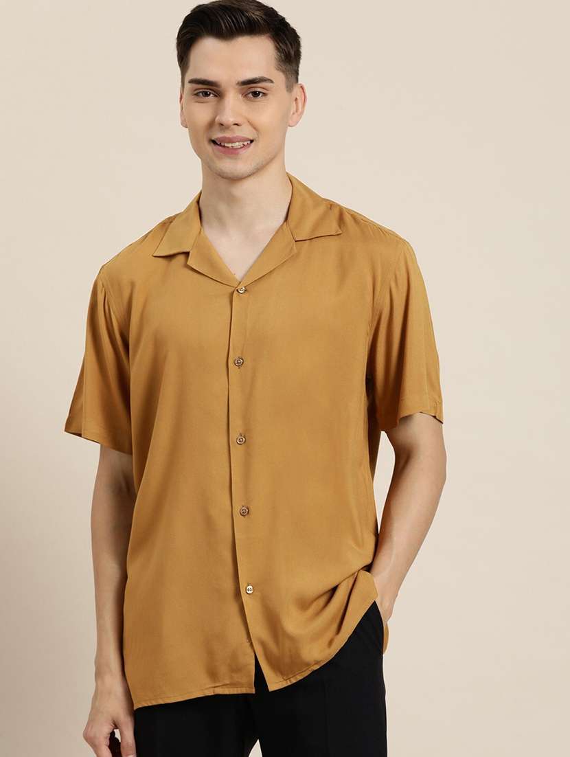 men solid cuban collared short sleeve loose fit shirt - 22038914 -  Zoom Image - 0