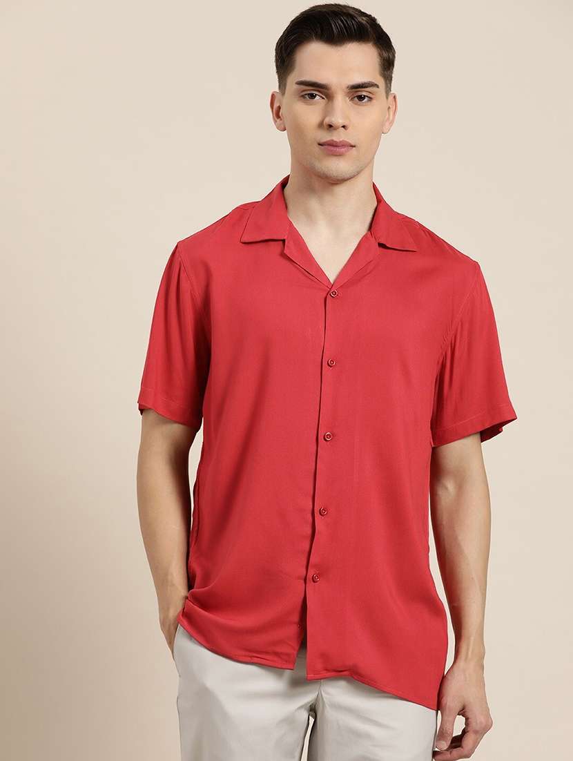 men solid cuban collared short sleeve loose fit shirt - 22038917 -  Zoom Image - 0