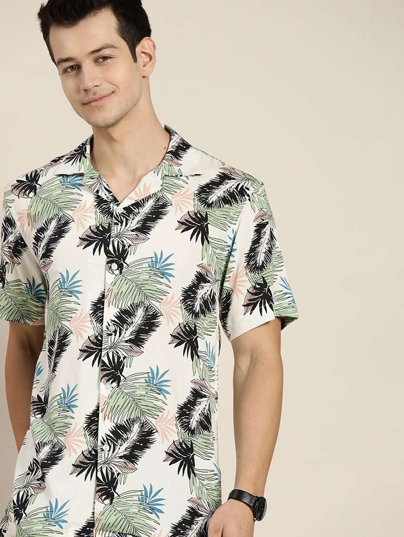 men printed cuban collared short sleeve loose fit shirt