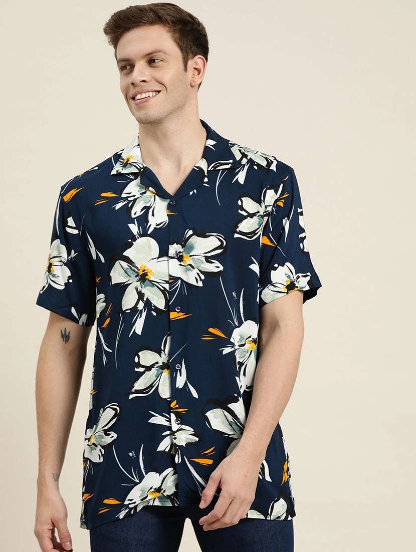men printed cuban collared short sleeve loose fit shirt