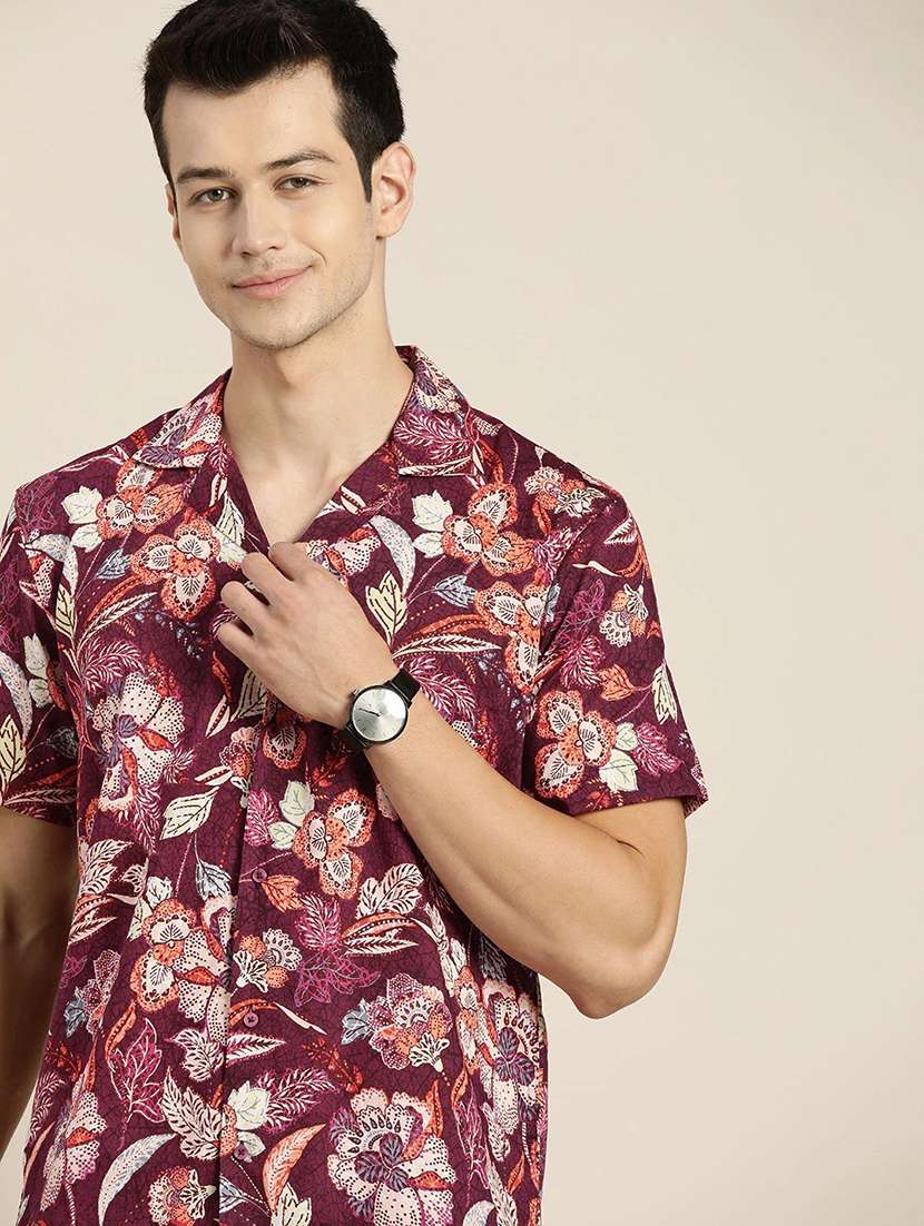 men printed cuban collared short sleeve loose fit shirt