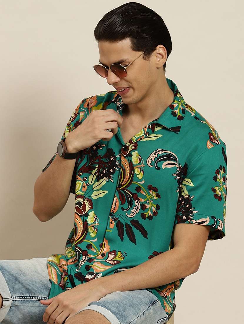 men printed cuban collared short sleeve loose fit shirt