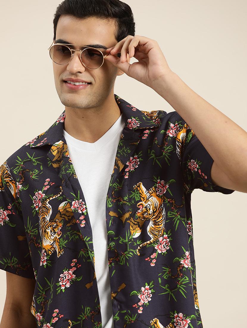 men printed cuban collared short sleeve loose fit shirt - 22038939 - Zoom Image - 0
