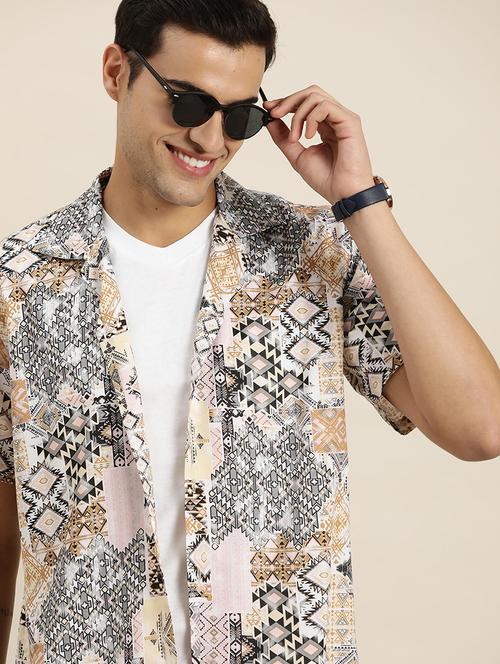 men printed cuban collared short sleeve loose fit shirt - 22038943 - Standard Image - 0