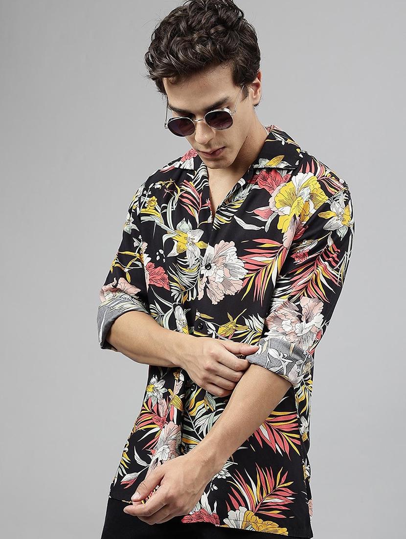 men printed cuban collared long sleeve shirt - 22038964 -  Zoom Image - 0