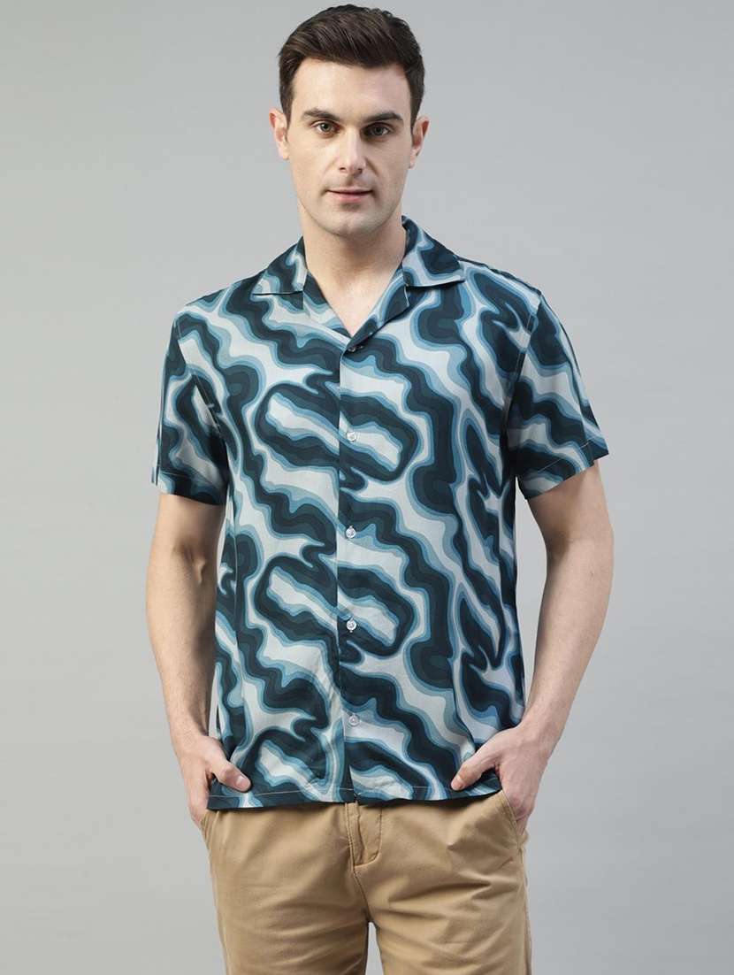 men printed cuban collared short sleeve loose fit shirt