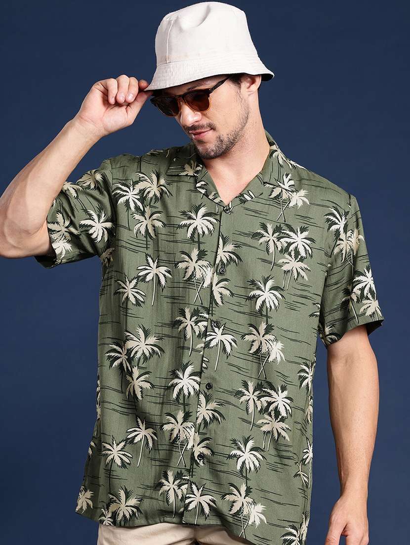 men printed cuban collared short sleeve loose fit shirt