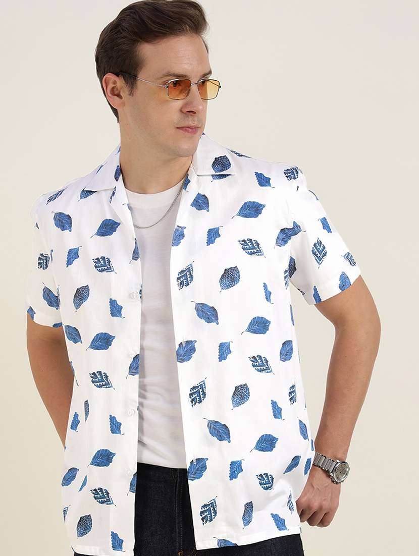 men printed cuban collared short sleeve shirt