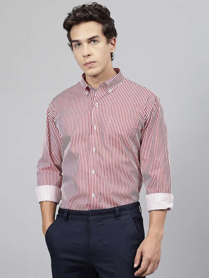 men striped collared long sleeve regular fit shirt