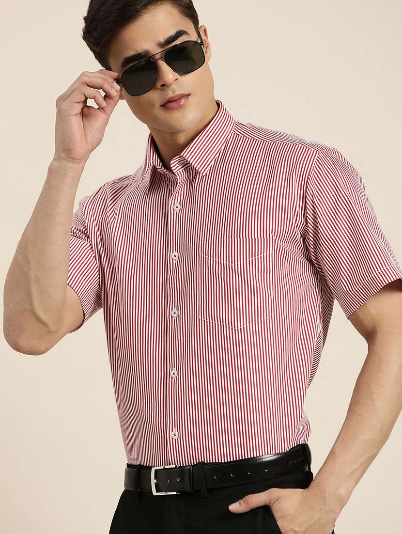 men striped collared short sleeve shirt