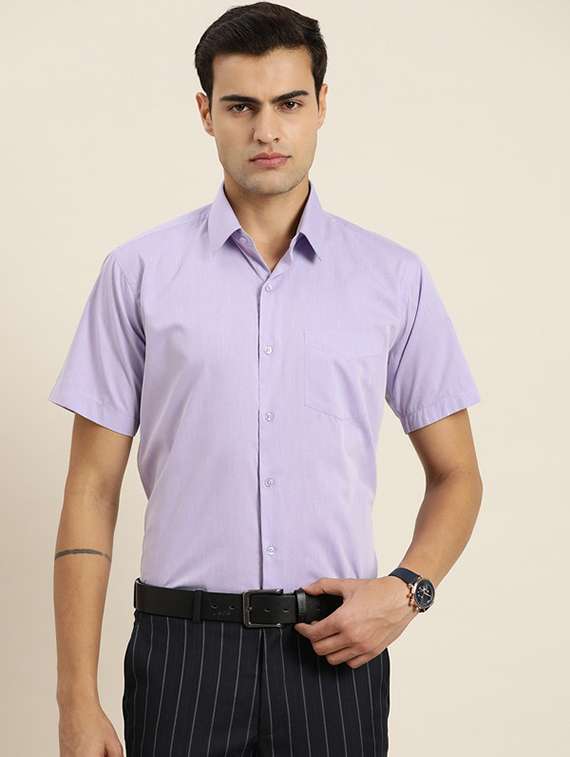 men solid collared short sleeve regular fit shirt