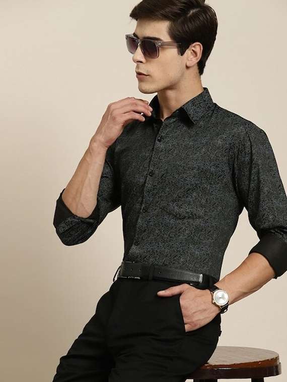 men printed collared long sleeve regular fit shirt