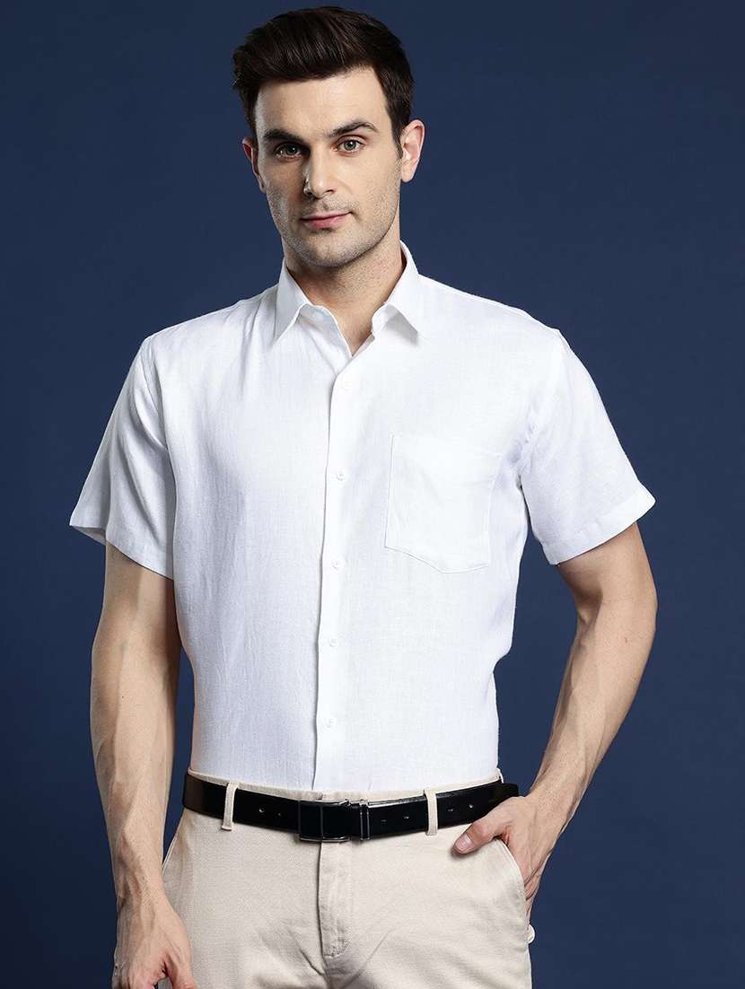 men solid collared short sleeve regular fit shirt