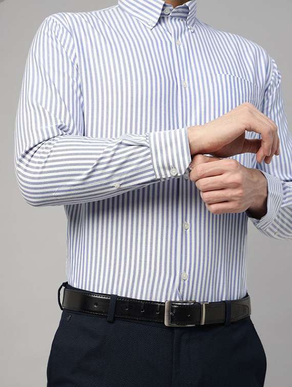 slim fit blue cotton stripes formal shirt - 22039319 -  Standard Image - 3