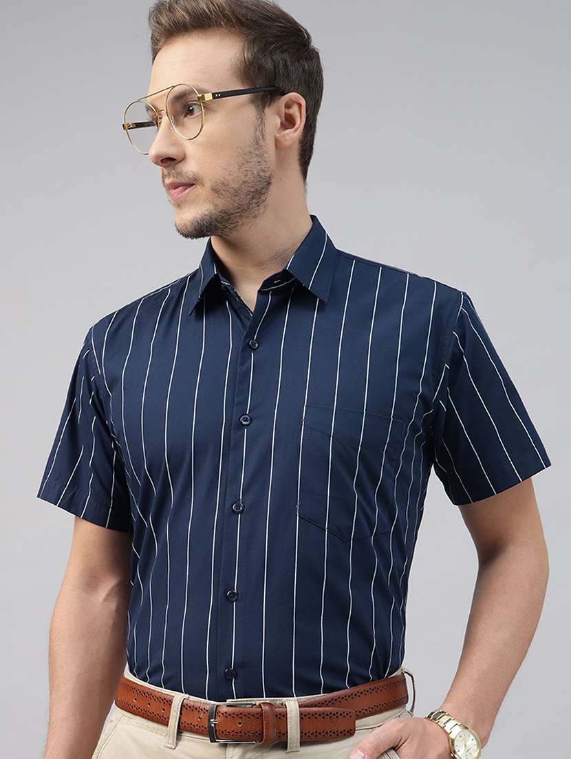 men striped collared short sleeve shirt
