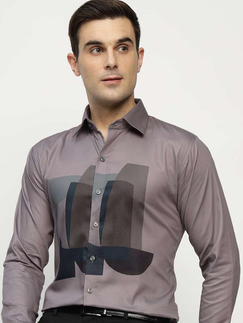 men printed collared long sleeve regular fit shirt