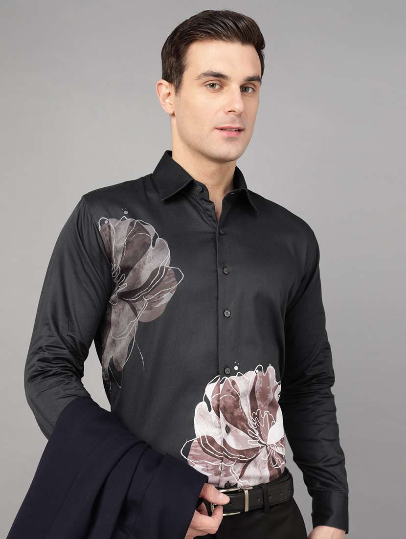 men printed collared long sleeve regular fit shirt