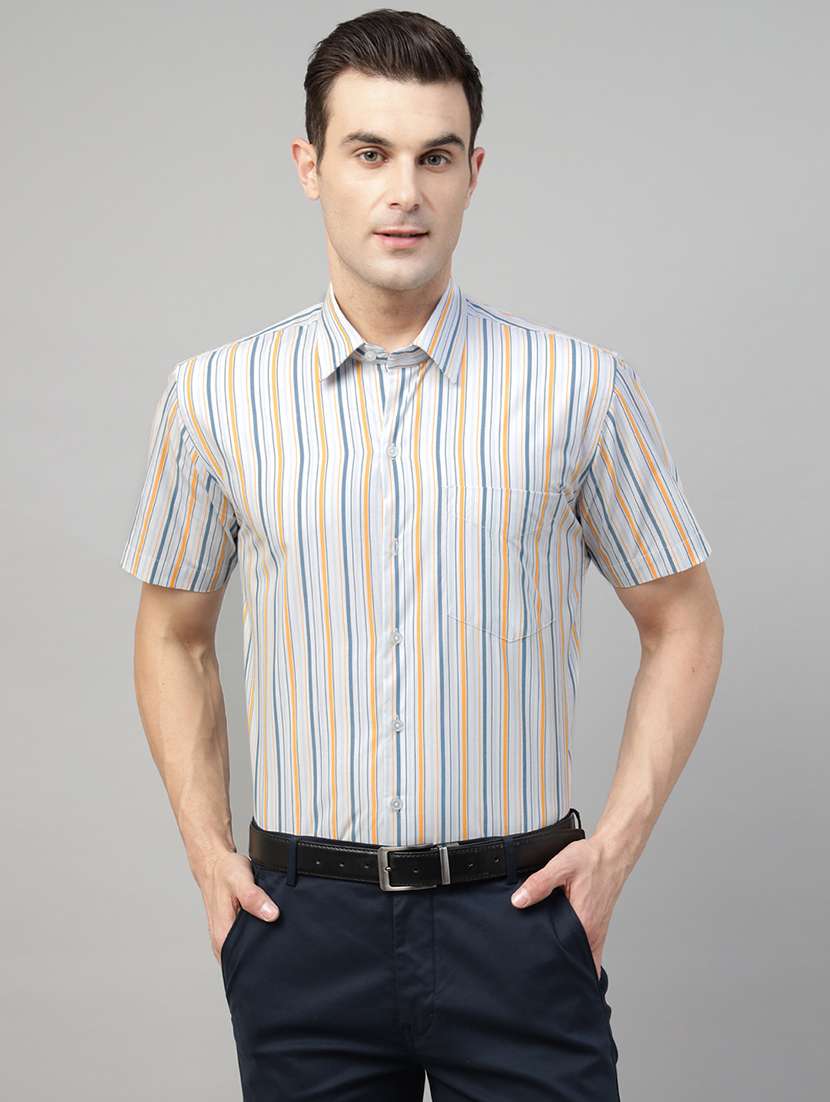 men striped collared shorts sleeve shirt