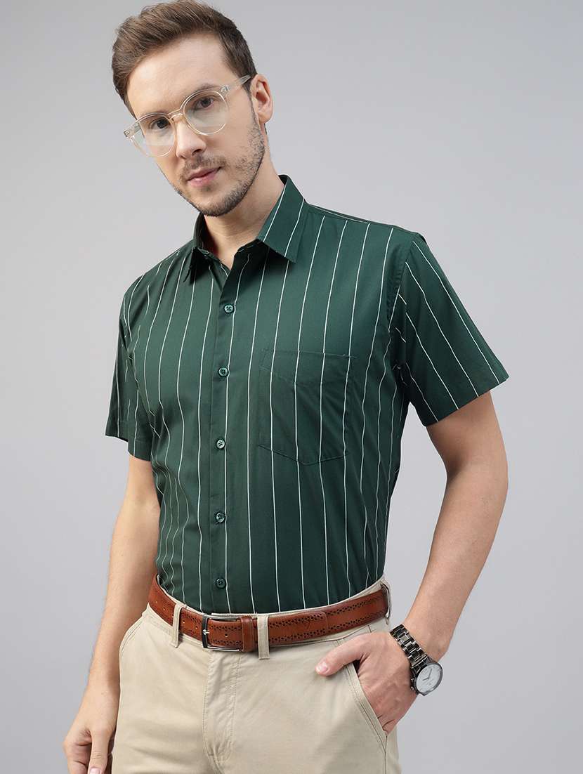 men striped collared short sleeve shirt