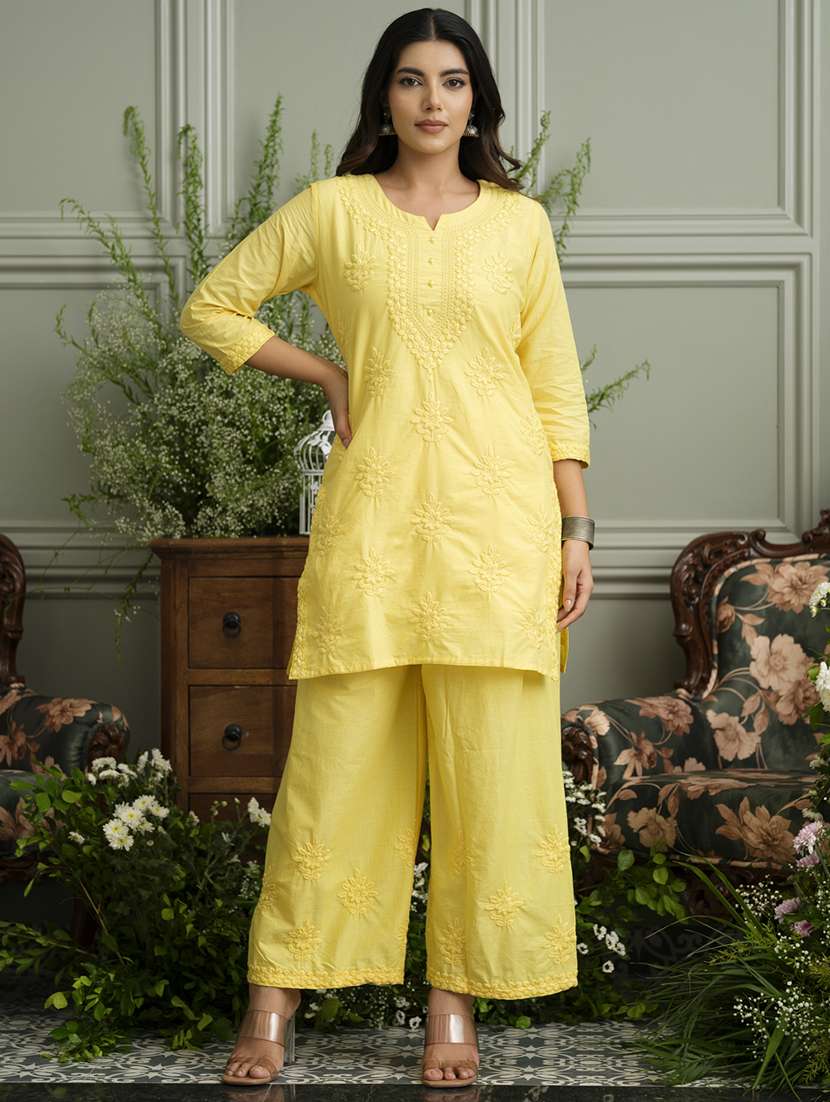 women embroidered three quarter sleeve ethnic co-ord set