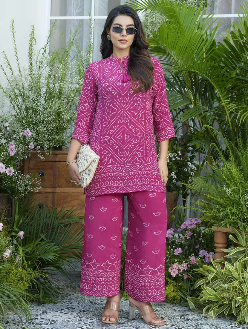 women bandhani print three quarter sleeve ethnic co-ord set