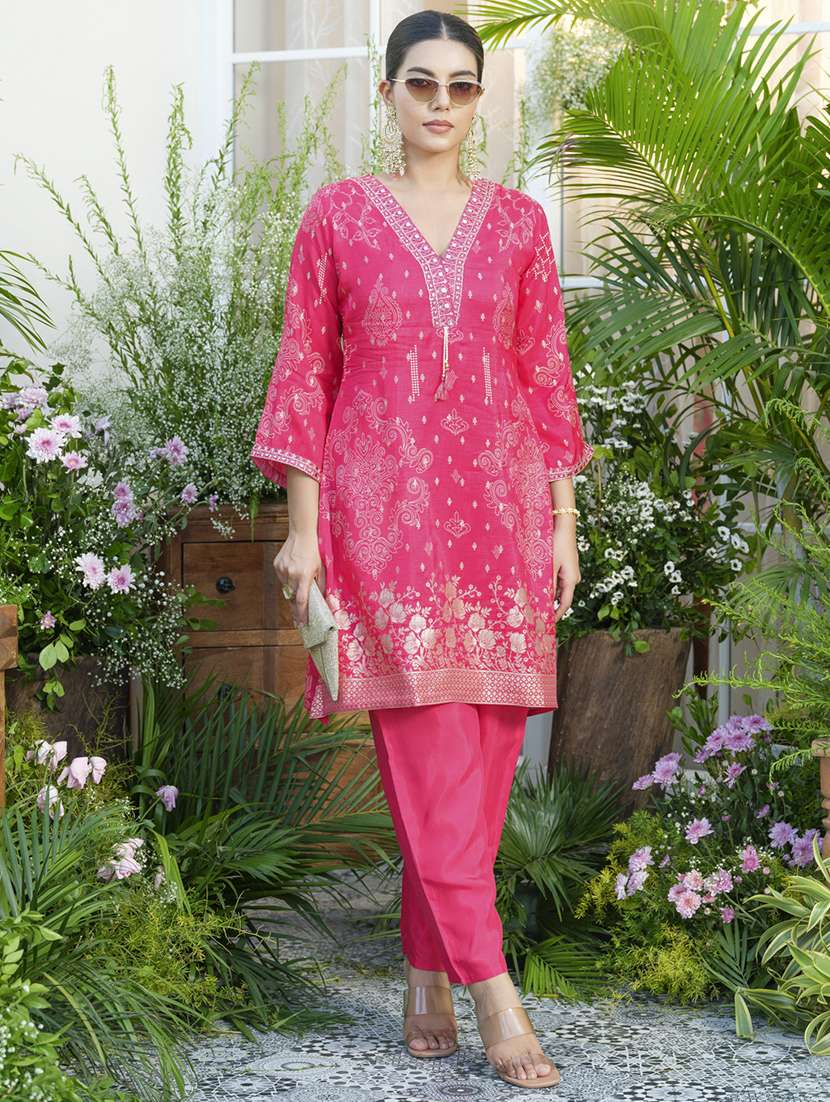 women floral print three quarter sleeve ethnic co-ord set